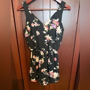 Lush Black Floral V-Neck Romper with Pink and Cream Accents
